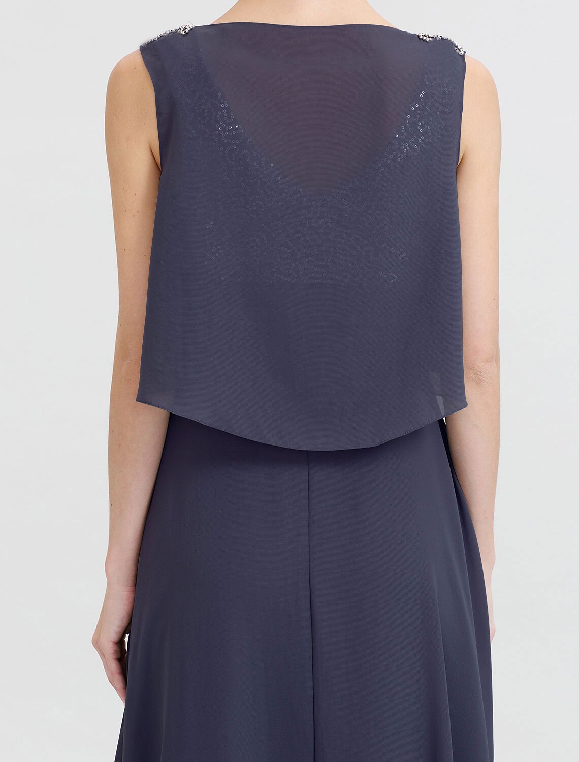 Abito da madre della sposa a trapezio, formale, con schiena scoperta, due pezzi, scollo gioiello, lunghezza alla caviglia, in chiffon con paillettes, senza maniche, con fasce/nastri e perline