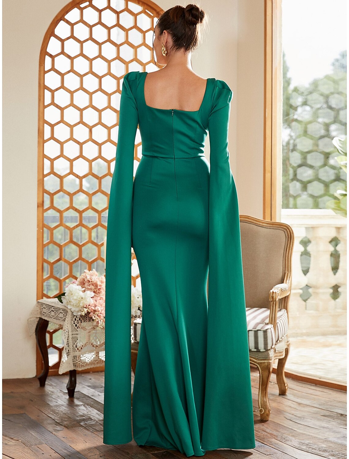 Sheath / Column Evening Gown Elegant Dress Formal Fall Floor Length Long Sleeve Square Neck  Fabric with Pleats
