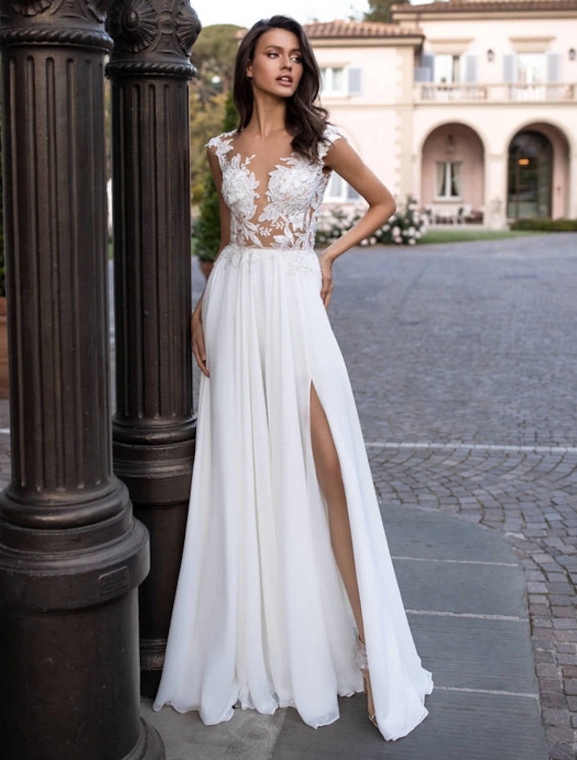 Ivory Chiffon A-Line Floor-Length Bridesmaid Dress with Illusion Lace V-Neck Bodice & High Slit
