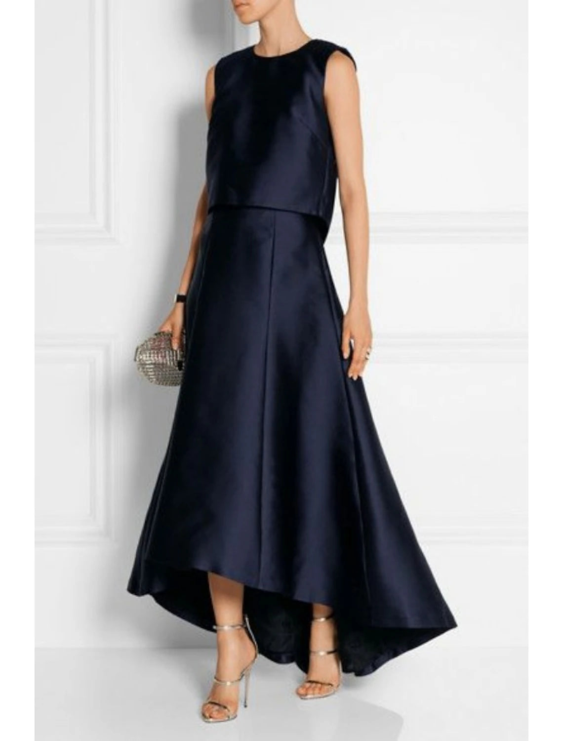 Dark Navy Satin A-Line High-Low Scoop Neck Dress