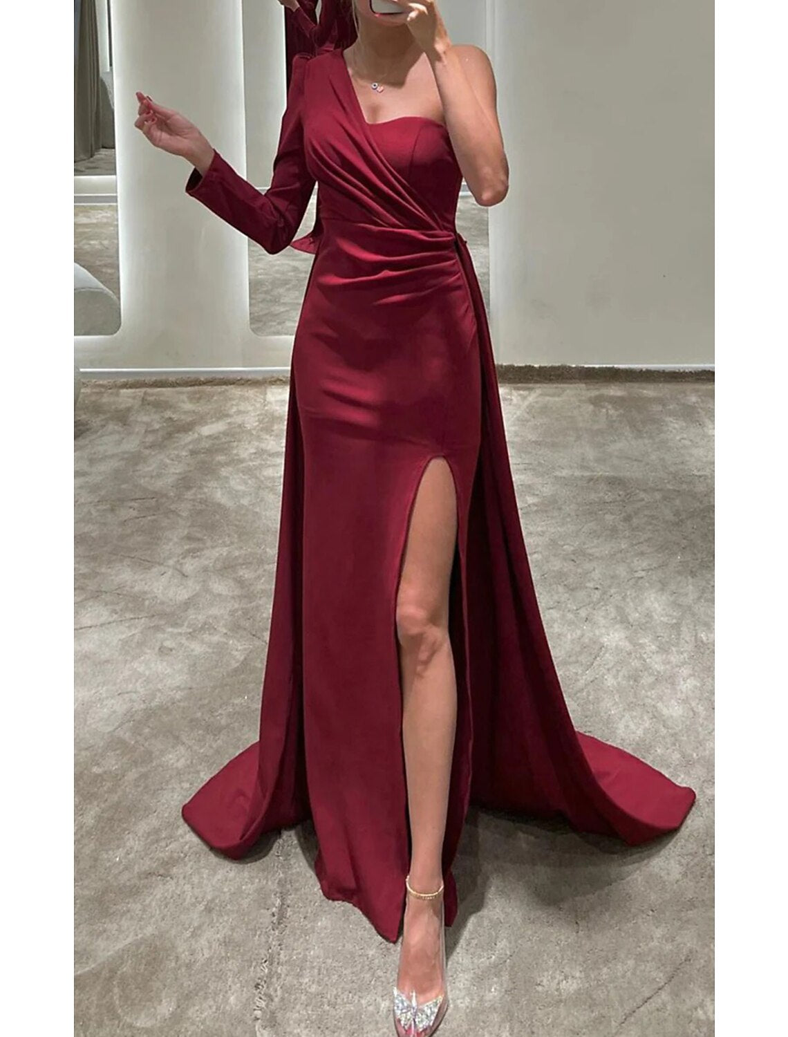 Mermaid / Trumpet Evening Gown Elegant Dress Formal Christmas Floor Length Long Sleeve One Shoulder Fall Wedding Guest  Fabric with Ruched Slit