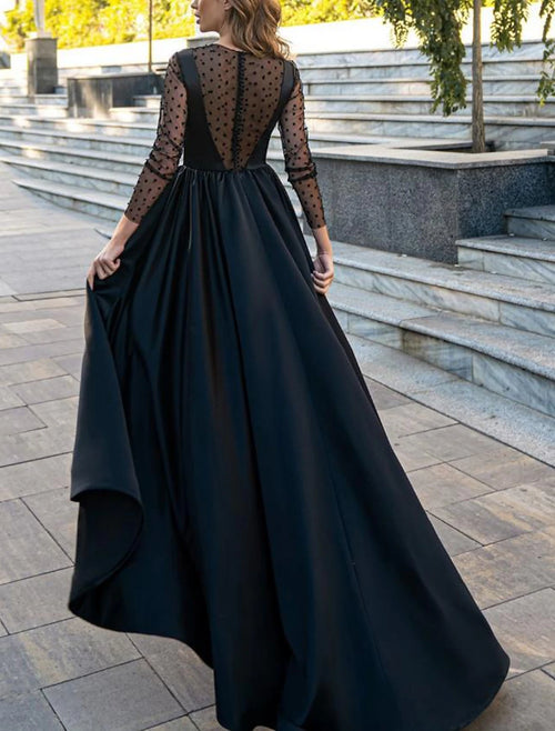 Black Satin A-Line Asymmetrical Evening Dress with Sheer Polka Dot Sleeves