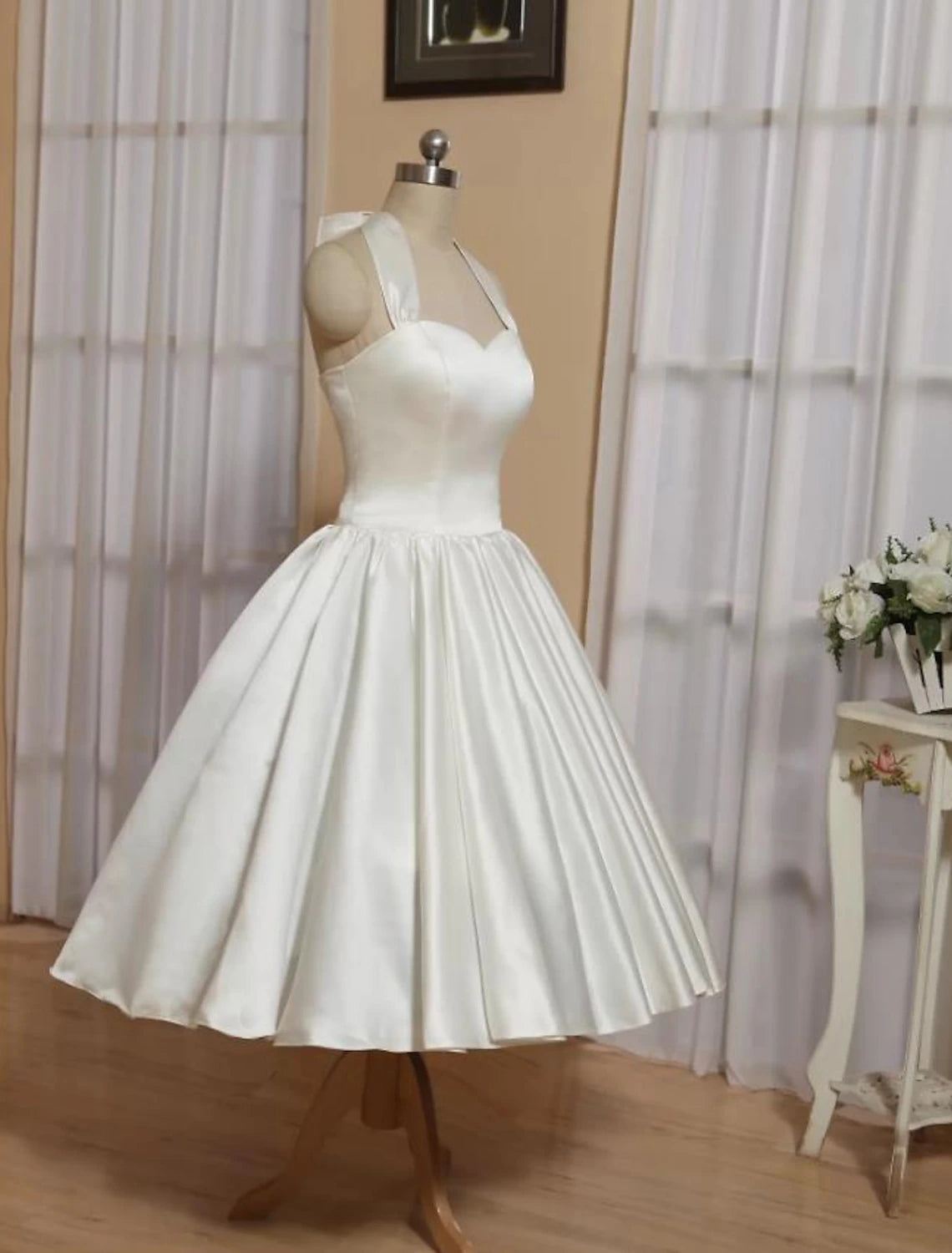 Ivory Satin A-Line Knee-Length Dress with Sweetheart Neckline and Tie Back