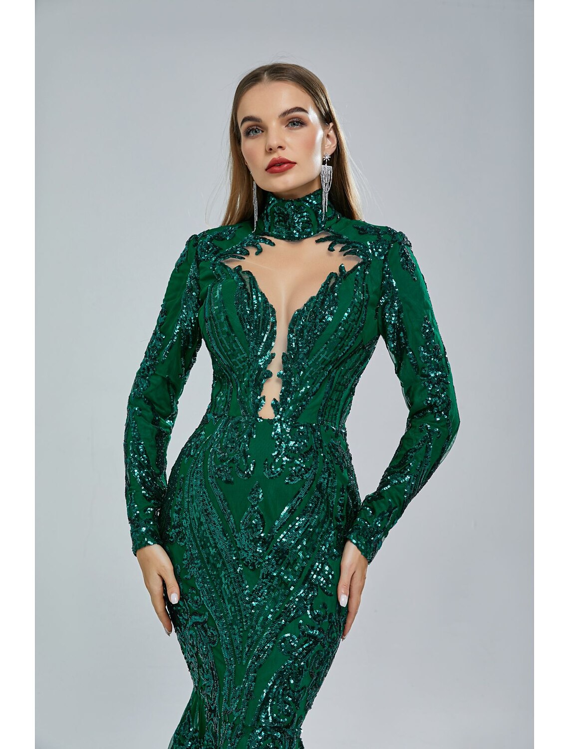 Vestido de fiesta de sirena, vestido de noche, vestido brillante y resplandeciente, vestido de carnaval, Navidad, rojo y verde, cola de corte, manga larga, cuello alto, encaje con lentejuelas