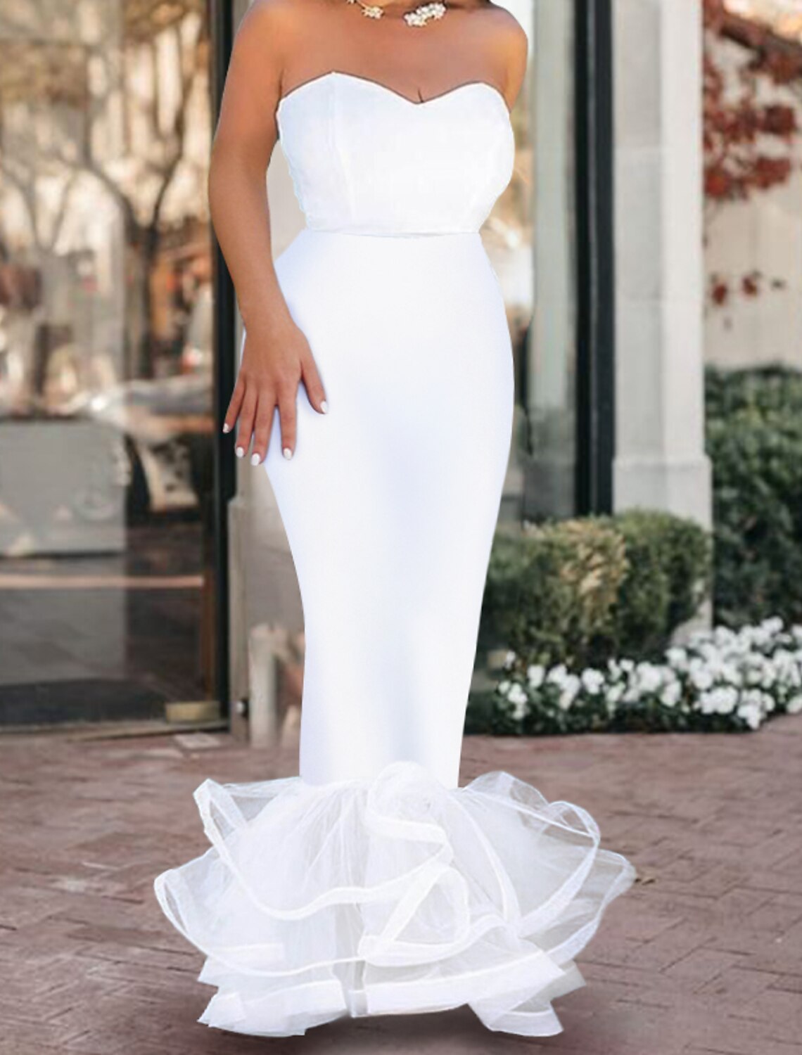 Mermaid / Trumpet Evening Gown Sexy Dress Wedding Guest Prom Floor Length Sleeveless Strapless  Fabric with Ruffles Pure Color