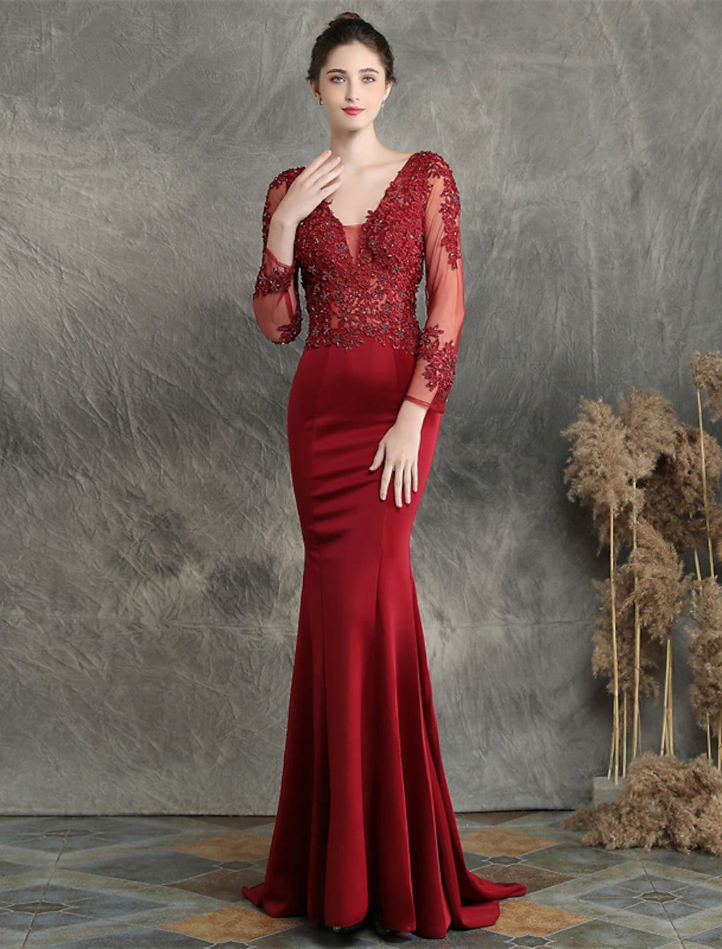 Burgundy Satin Mermaid Floor-Length V-Neck Illusion Embellished Evening Dress