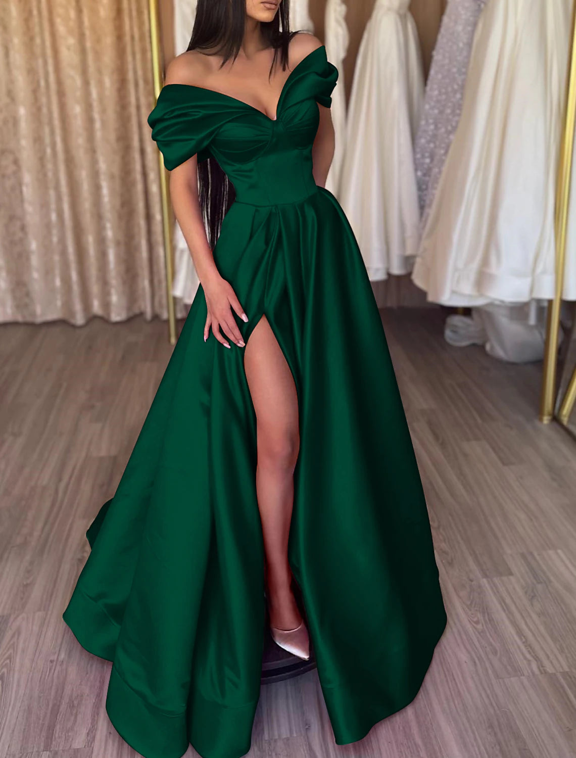 Vestido de noche de corte A, vestido de fiesta, vestido sexy, vestido de graduación, cumpleaños, largo hasta el suelo, manga corta, hombros descubiertos, satén con abertura, color puro