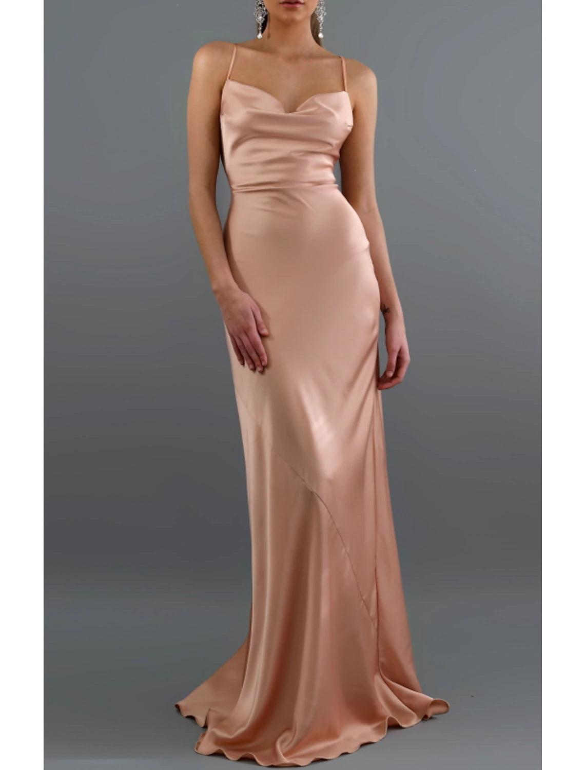 Blushing Pink Satin Sheath/column Floor-Length Dress with Cowl Neck & Spaghetti Straps for Bridesmaids & Evening Parties