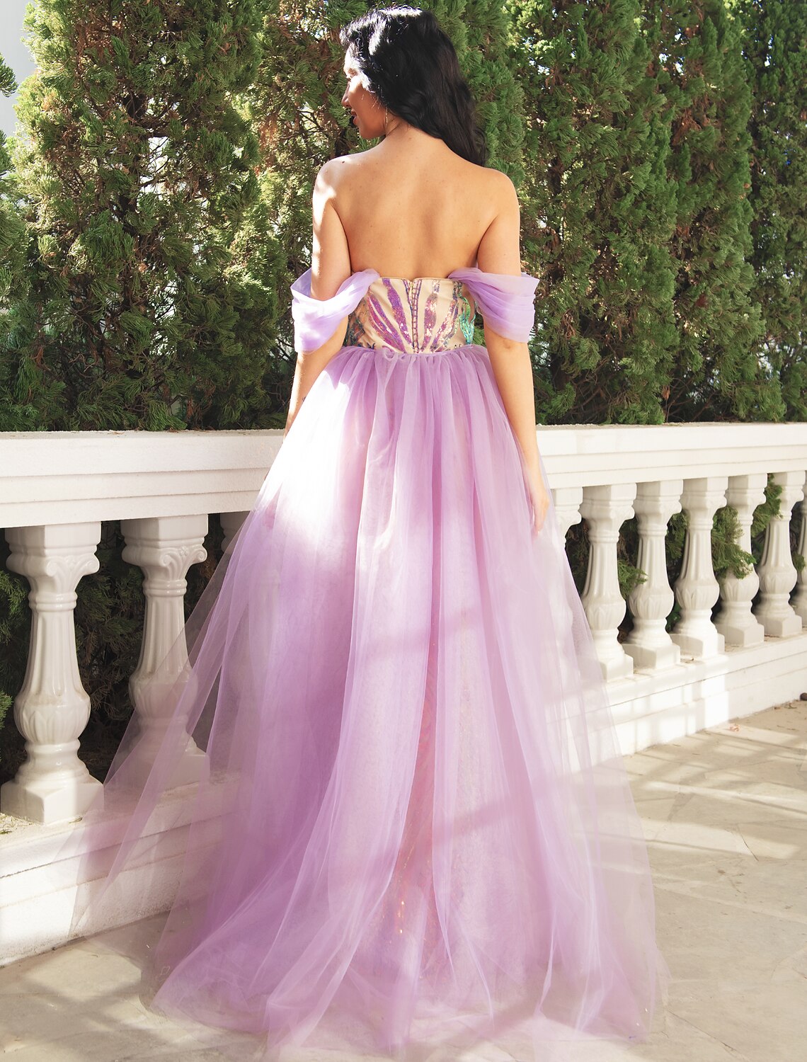 Lavender Sequin Tulle A-Line Sweetheart Floor-Length Dress with Sequin Embellished Bodice and Tulle Overskirt