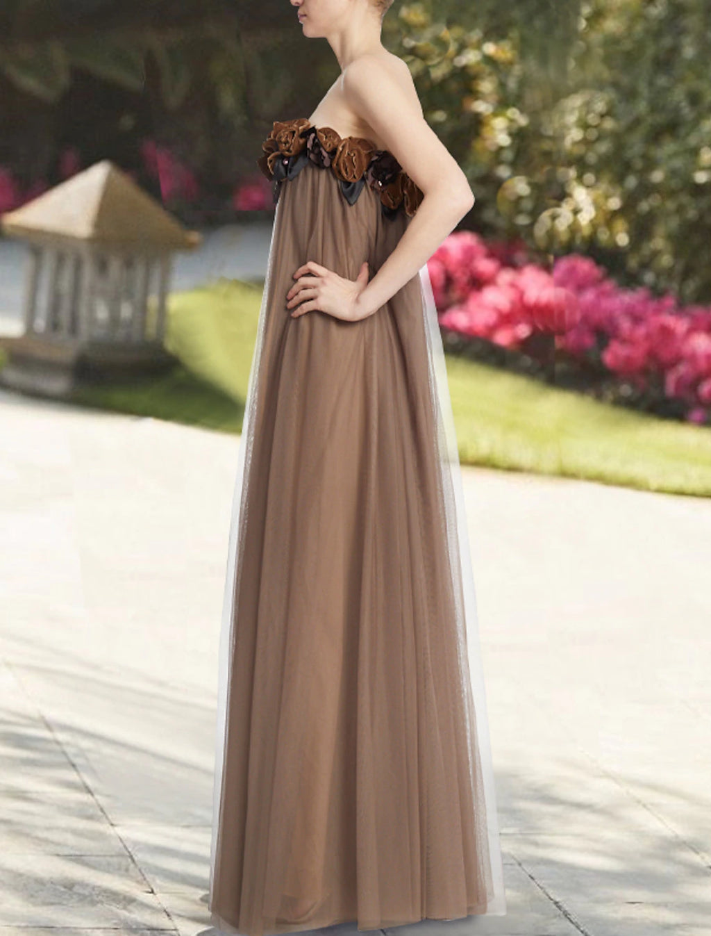 Mocha Chiffon A-Line Floor-Length Strapless Dress with 3D Florals | Bridesmaid & Evening Gown