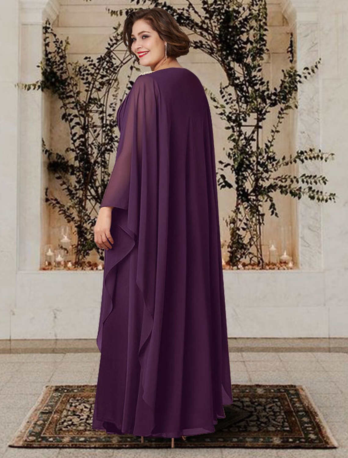 Abito da madre della sposa a trapezio, elegante, taglie forti, scollo a V, lunghezza al pavimento, in chiffon, maniche lunghe, con pieghe e cristalli