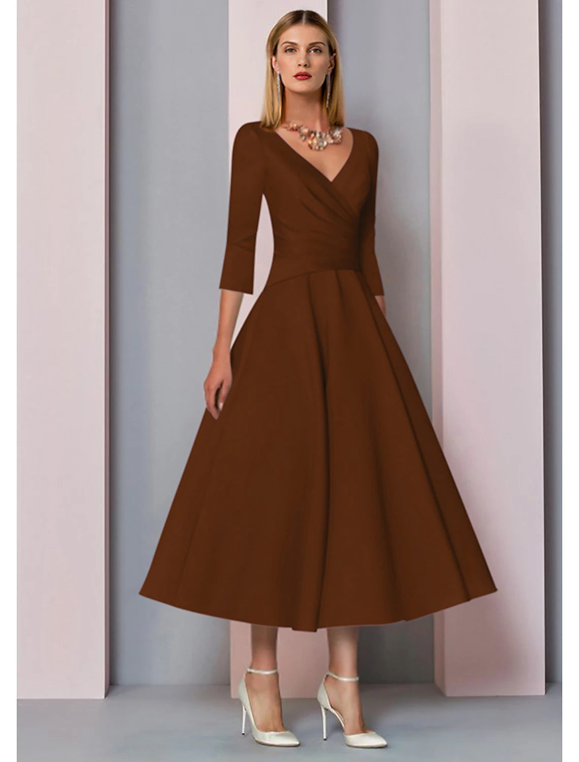 Champagne Satin A-Line Tea-Length Dress with V-Neck and Draped Bodice