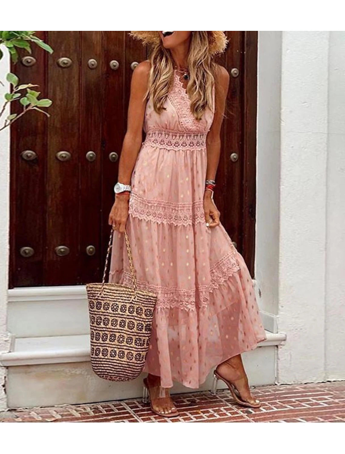 Abiti da sposa bianchi da spiaggia, abiti da sposa boho, linea ad A, scollo a V, senza maniche, lunghezza alla caviglia, in chiffon, con applicazioni