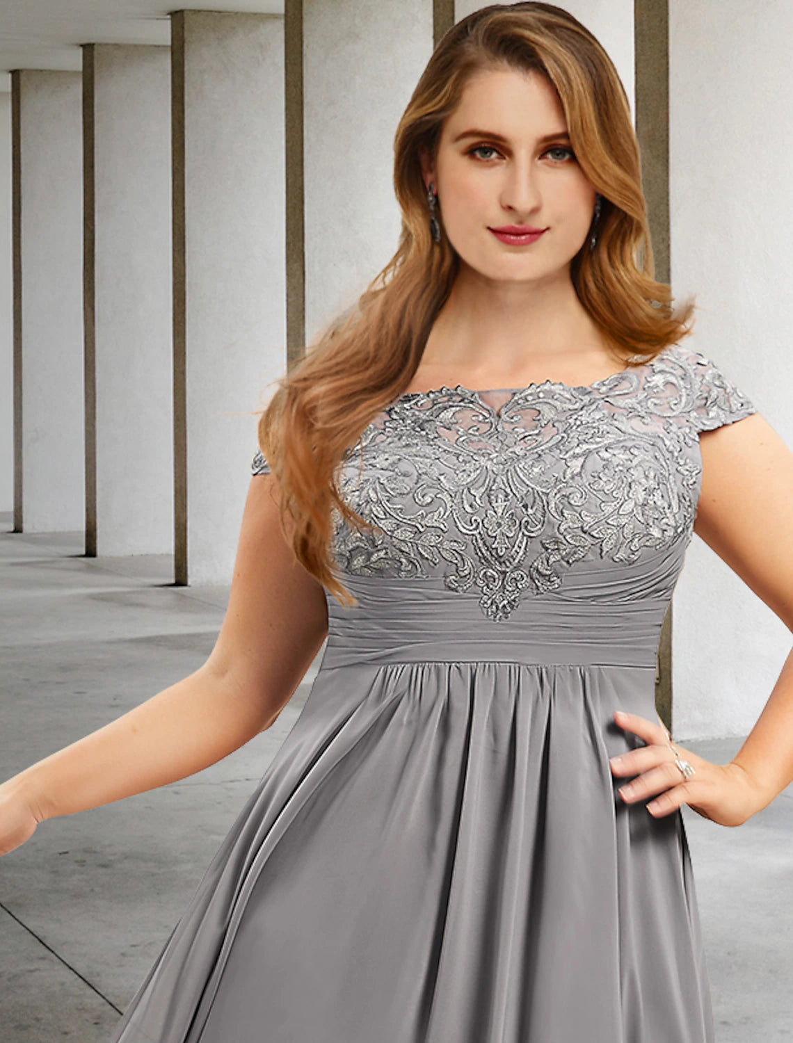 Grey Chiffon A-Line Tea-Length Bridesmaid Dress | Off-the-Shoulder Lace Bodice