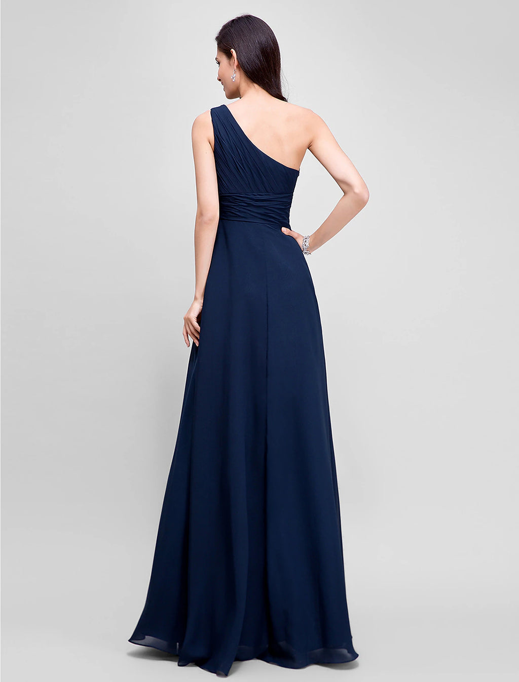 Navy Blue Chiffon A-Line One Shoulder Floor-Length Bridesmaid Dress with Pleated Bodice