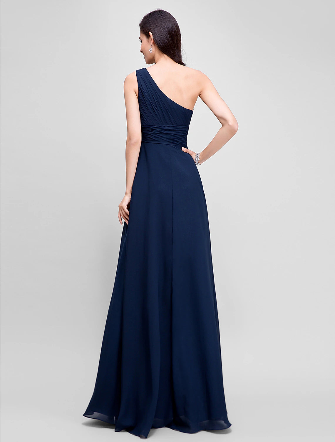 Navy Blue Chiffon A-Line One Shoulder Floor-Length Bridesmaid Dress with Pleated Bodice