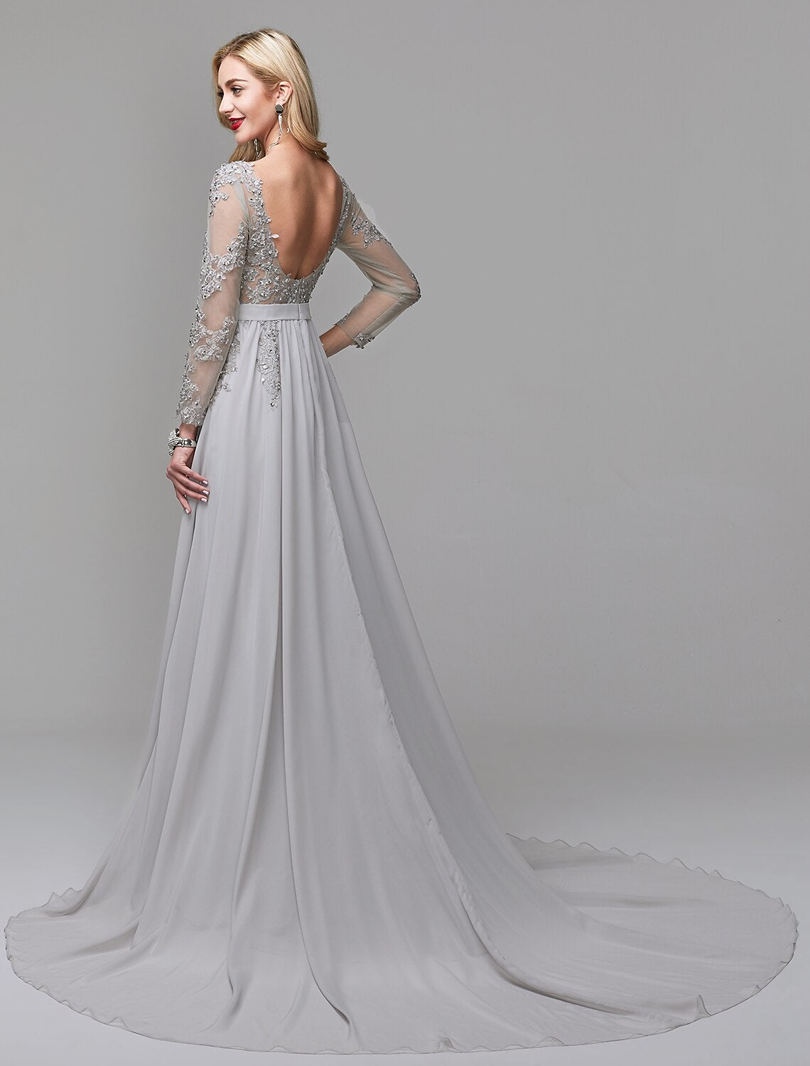 Grey Chiffon A-Line Floor-Length Evening Dress with Embellished Illusion Bodice
