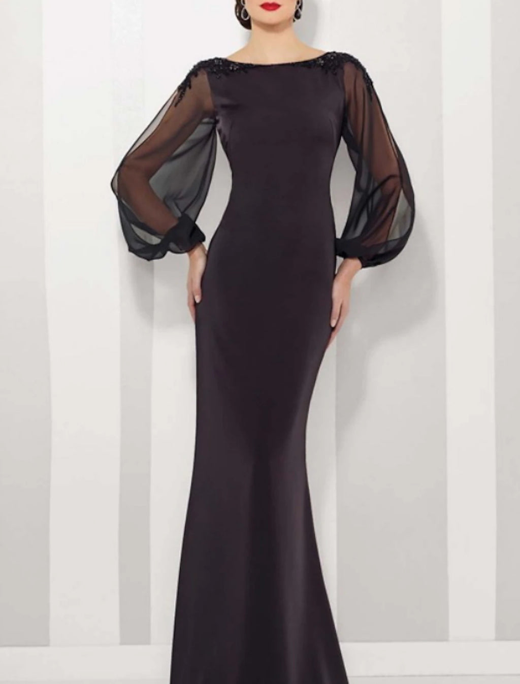 Black Satin Boat Neck Floor-Length Evening Dress with Beaded Shoulders