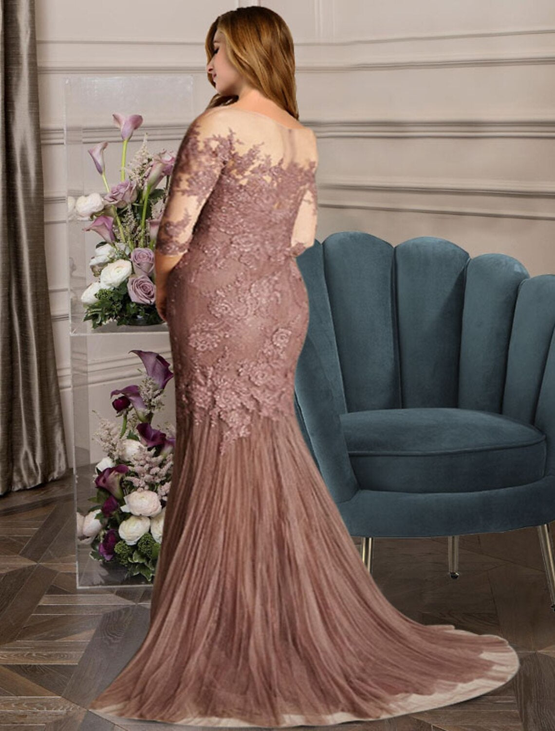 Vestidos de sirena/trompeta para madre de la novia, talla grande, con curvas ocultas en el vientre, elegantes, formales, con cola larga/cepillo, sin mangas, cuello joya, encaje con pliegues y apliques