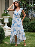 Floral A Line V Neck Ruffle Sleeve V Back Hi Low Bridesmaid Dress