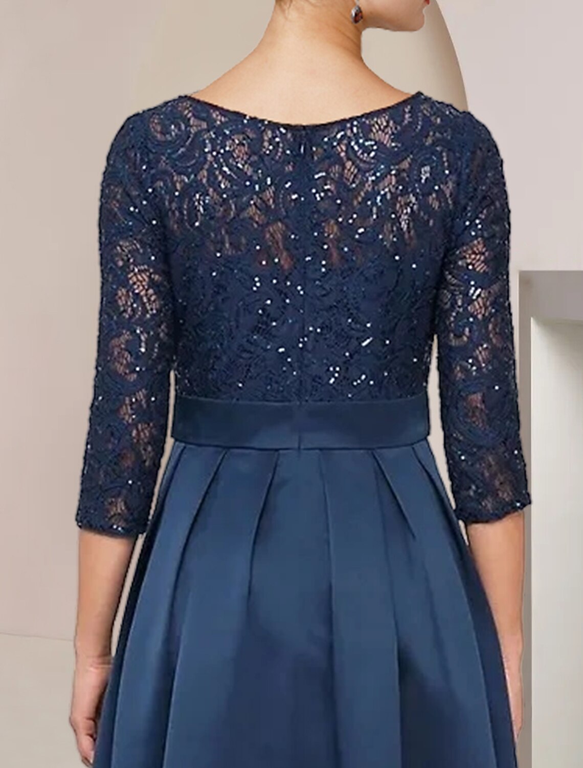 Vestido de madre de la novia de corte A para invitada de boda, elegante, alto bajo, escote redondo, asimétrico, largo hasta la rodilla, encaje, tafetán, manga 3/4 con lazo(s), pliegues