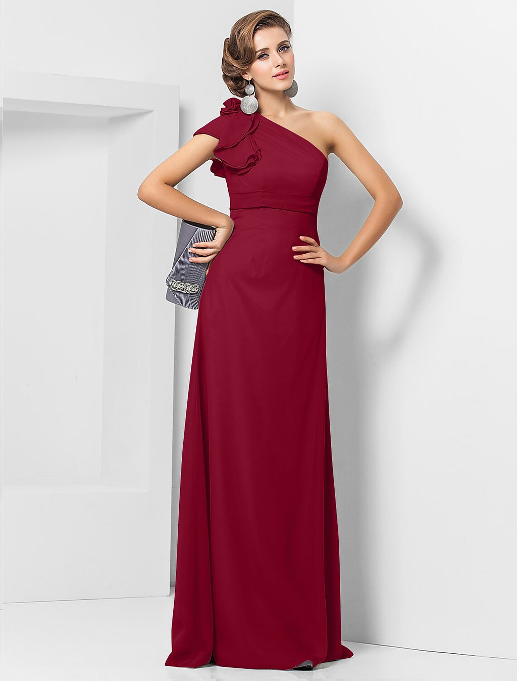 Vestido elegante de fiesta para invitados de boda, de noche, largo hasta el suelo, sin mangas, con un hombro al descubierto, de gasa, con apliques de faja o cinta.