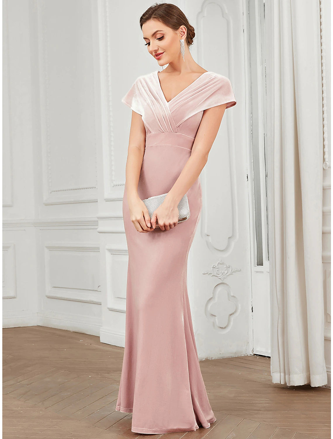 Blushing Pink Velvet Mermaid V-Neck Floor-Length Evening Dress with Draped Bodice