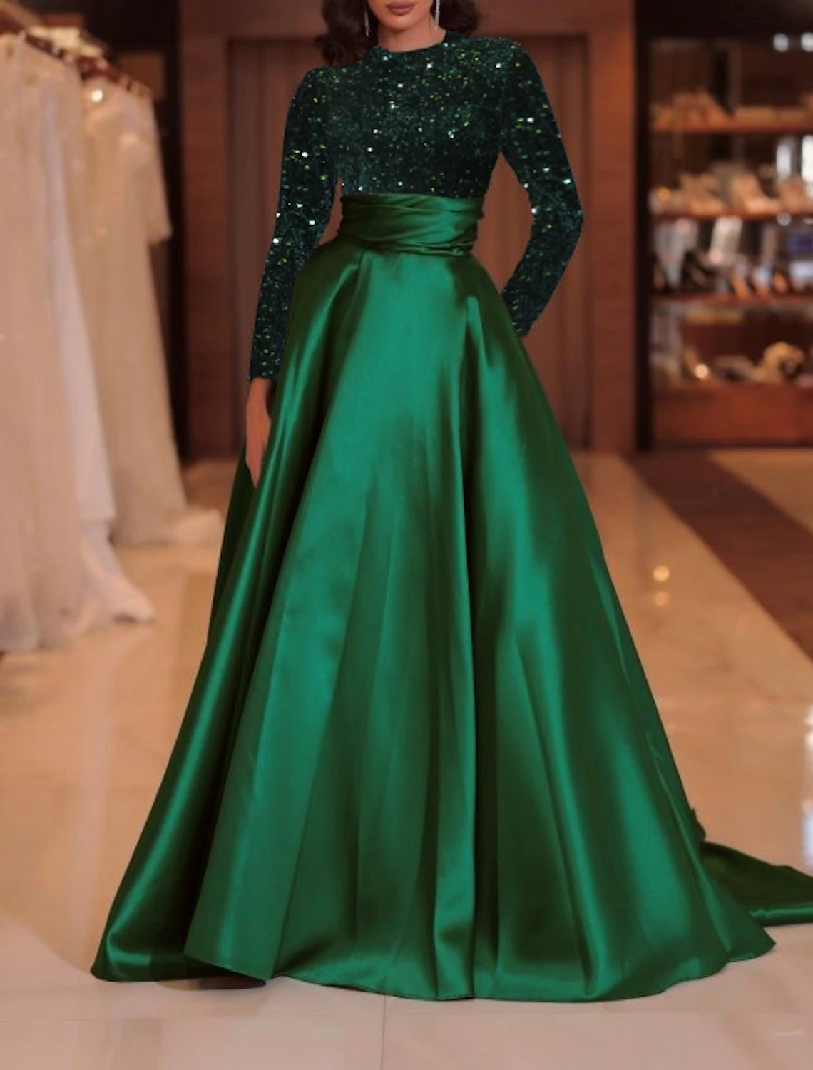 A-Line Evening Gown Sparkle Christmas Red Green Dress Formal Cocktail Party Court Train Long Sleeve High Neck Fall Wedding Guest Satin with Sequin 2025
