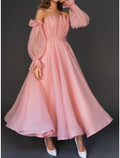 Pink Off-the-Shoulder Organza A-Line Tea-Length Bridesmaid Dress