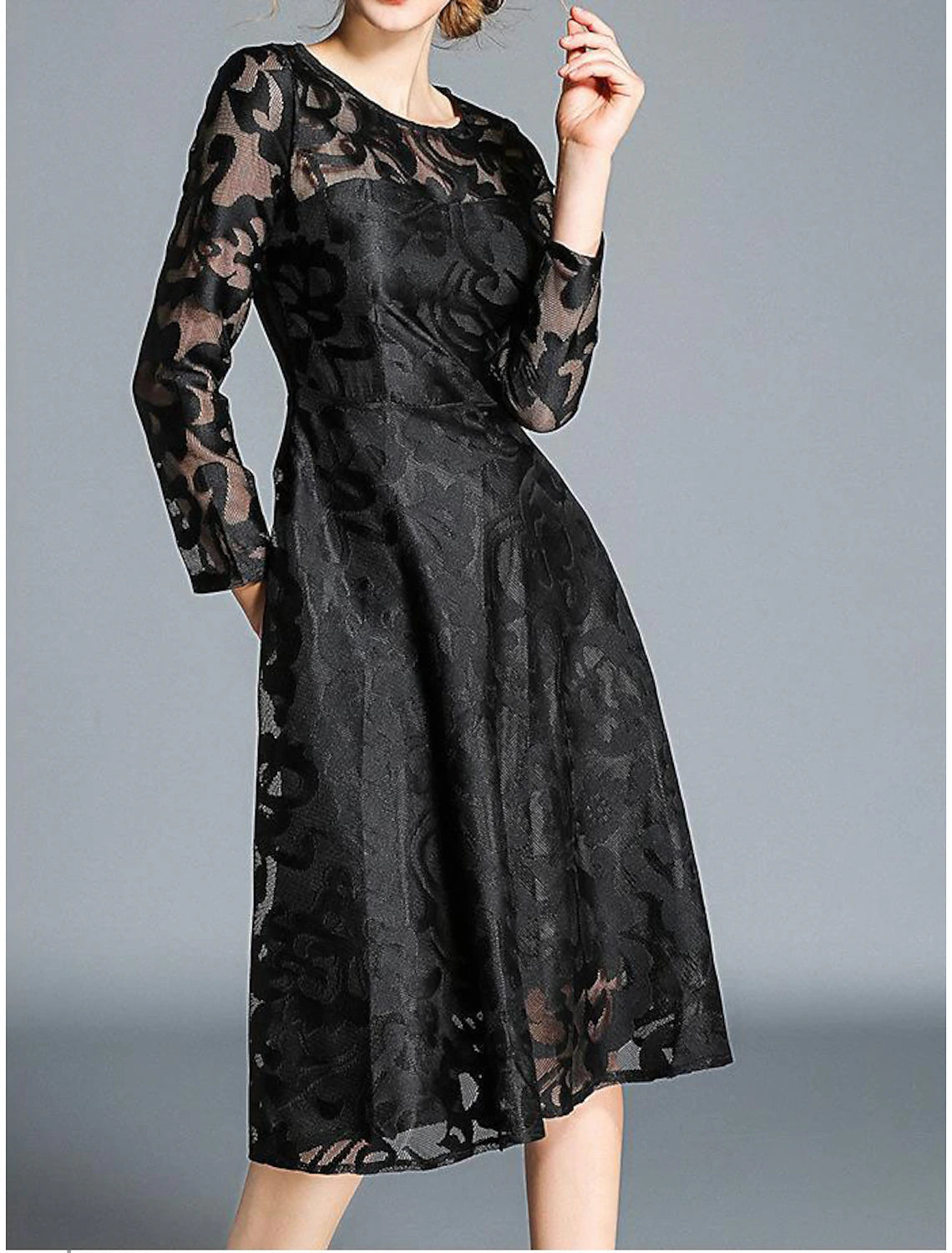 Black Mesh Velvet Burnout A-Line Tea-Length Dress with Sheer Long Sleeves