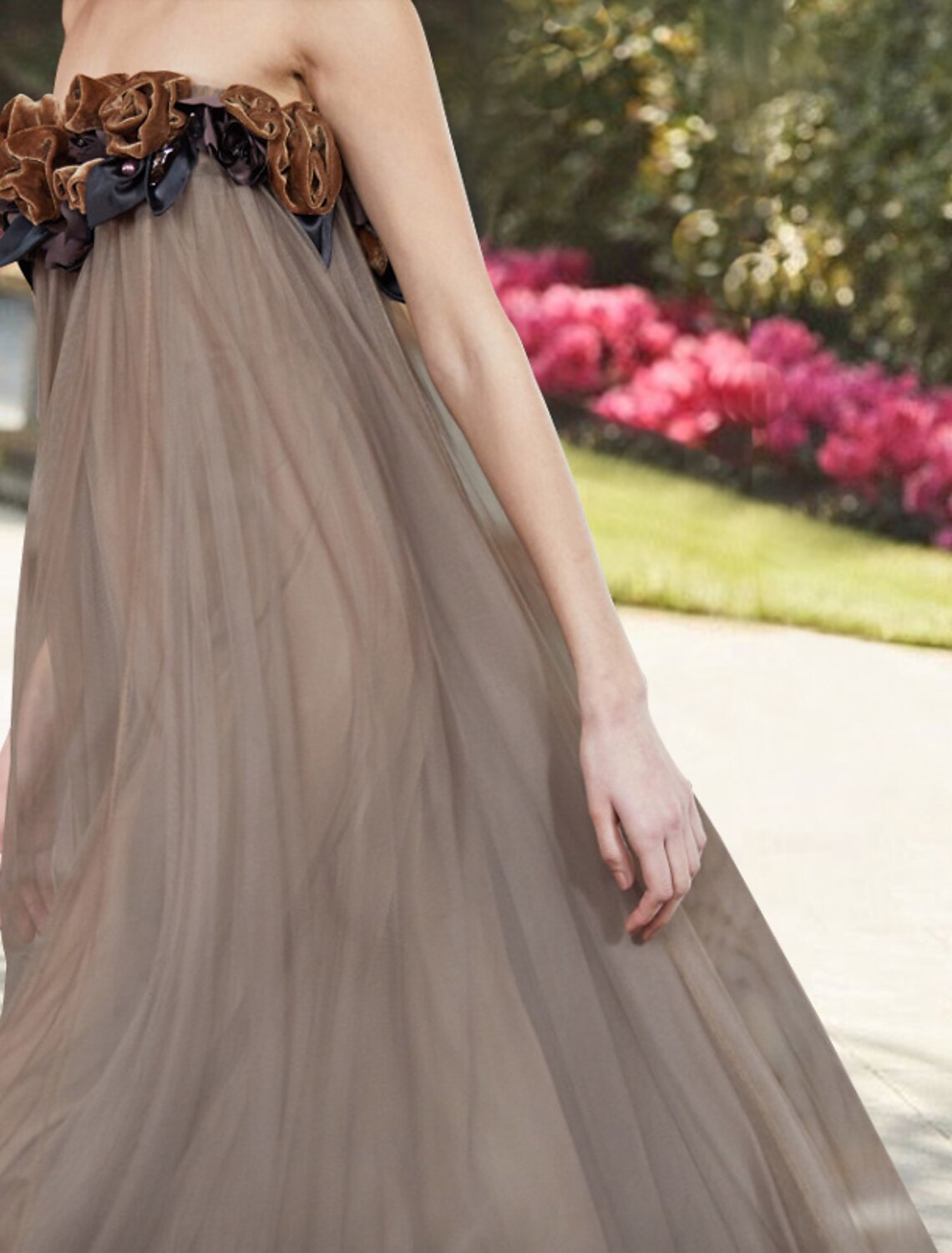 Mocha Chiffon A-Line Floor-Length Strapless Dress with 3D Florals | Bridesmaid & Evening Gown