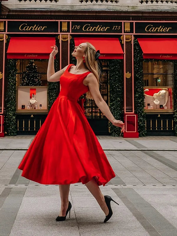 Elegant Red Satin A-Line Square Sleeveless Low Back Midi Cocktail Dress