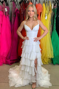 White Chiffon Tiered V Neck Low Back Floor Length Dress - Jimiss