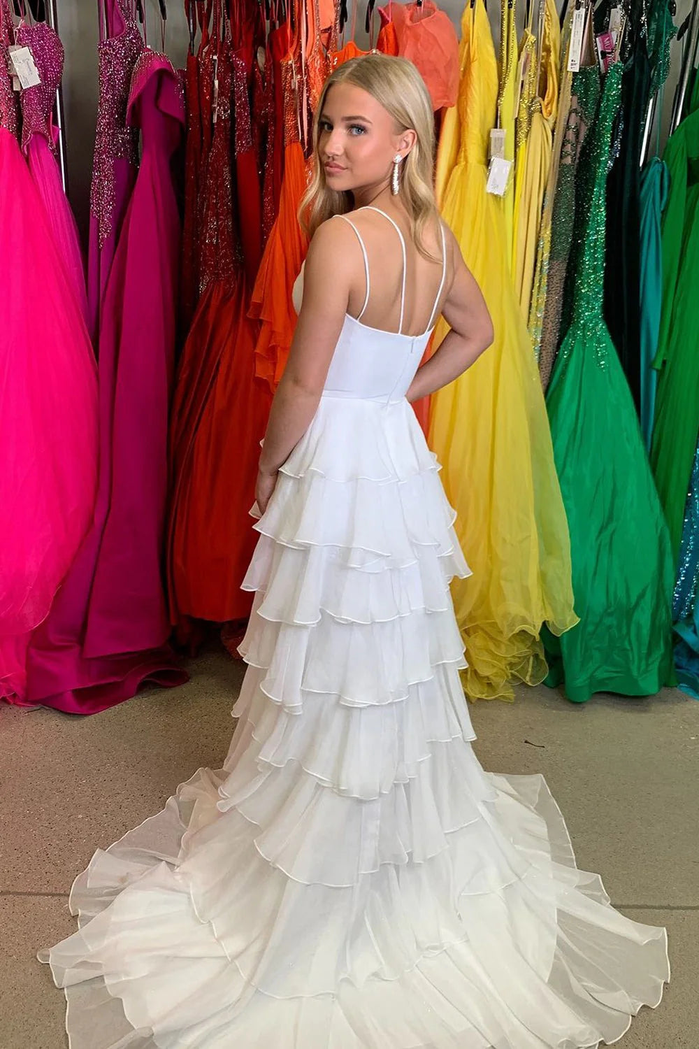 White Chiffon Tiered V Neck Low Back Floor Length Dress - Jimiss