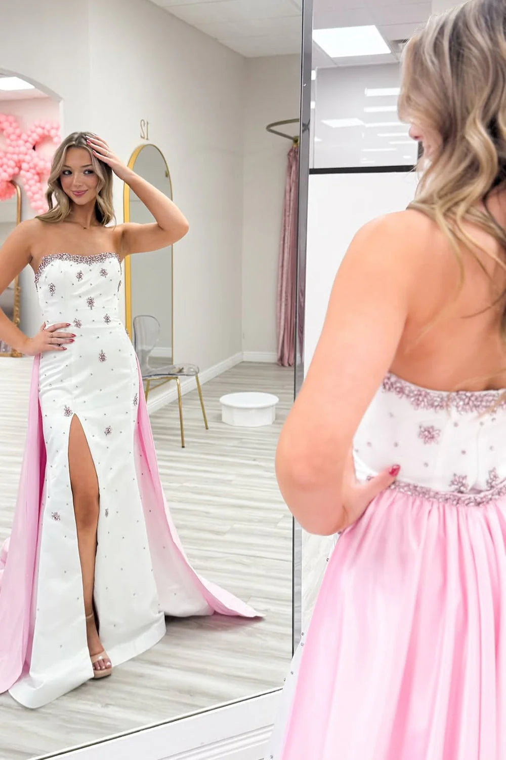 White Pink Satin sheath-column straight-across low-back floor-length Dress Back View - Jimiss