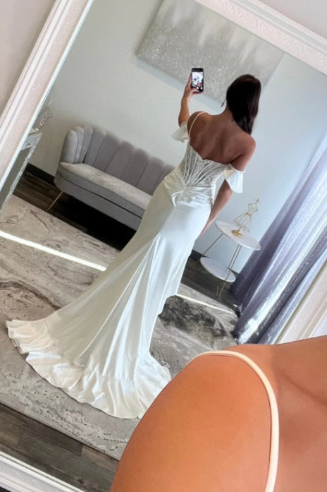 White Satin and Lace mermaid sweetheart low-back floor-length Dress - Jimiss