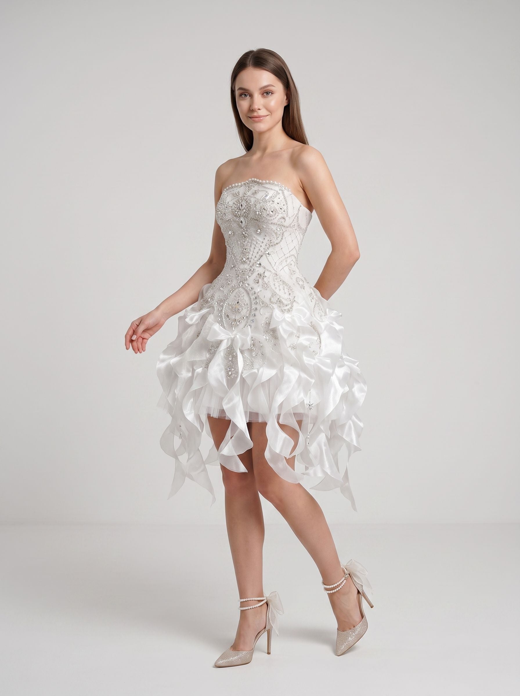 White Satin and Tulle with Heavy Beading A-Line Strapless Short Dress - jimiss