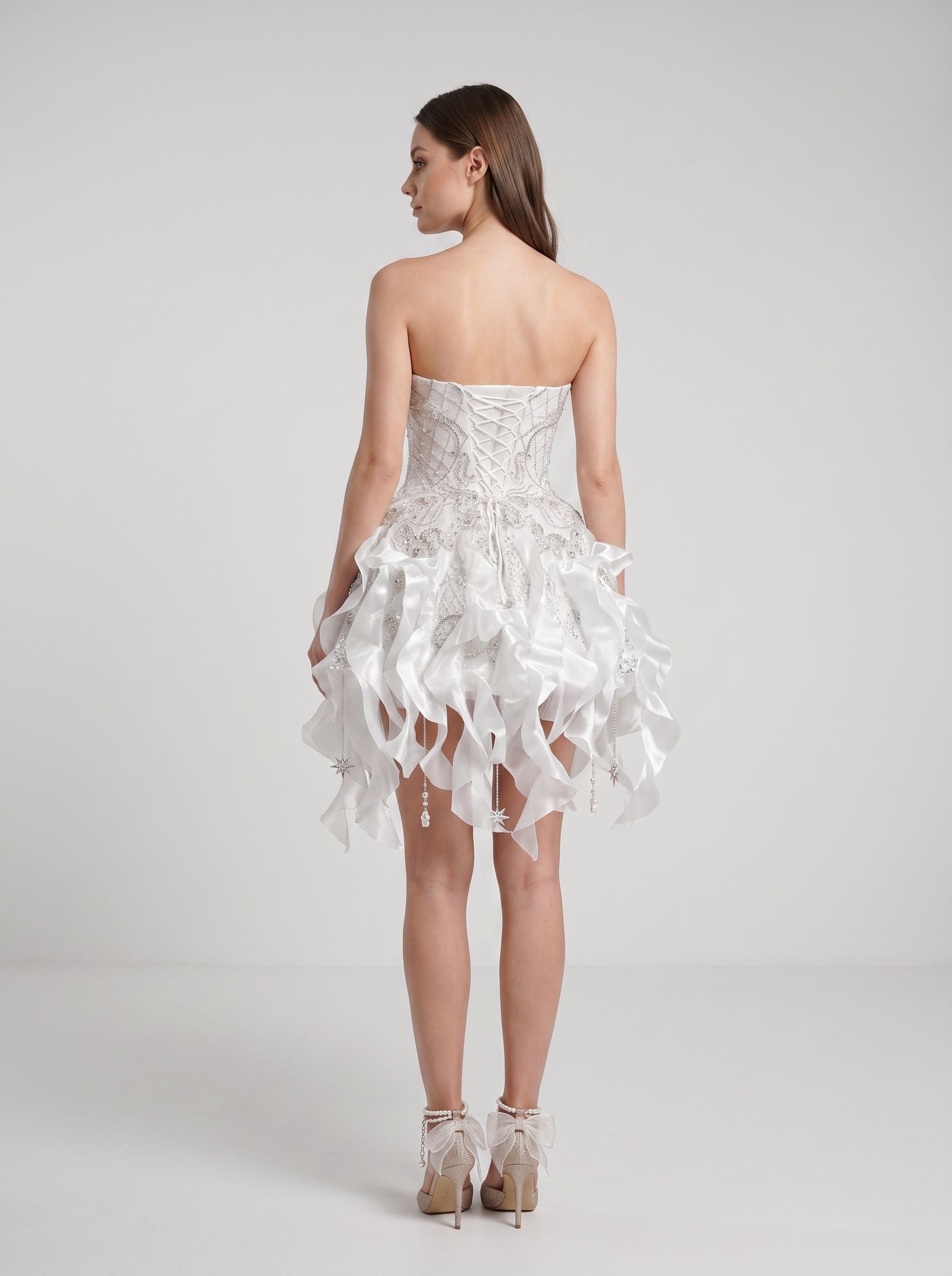 White Satin and Tulle with Heavy Beading A-Line Strapless Short Dress - jimiss
