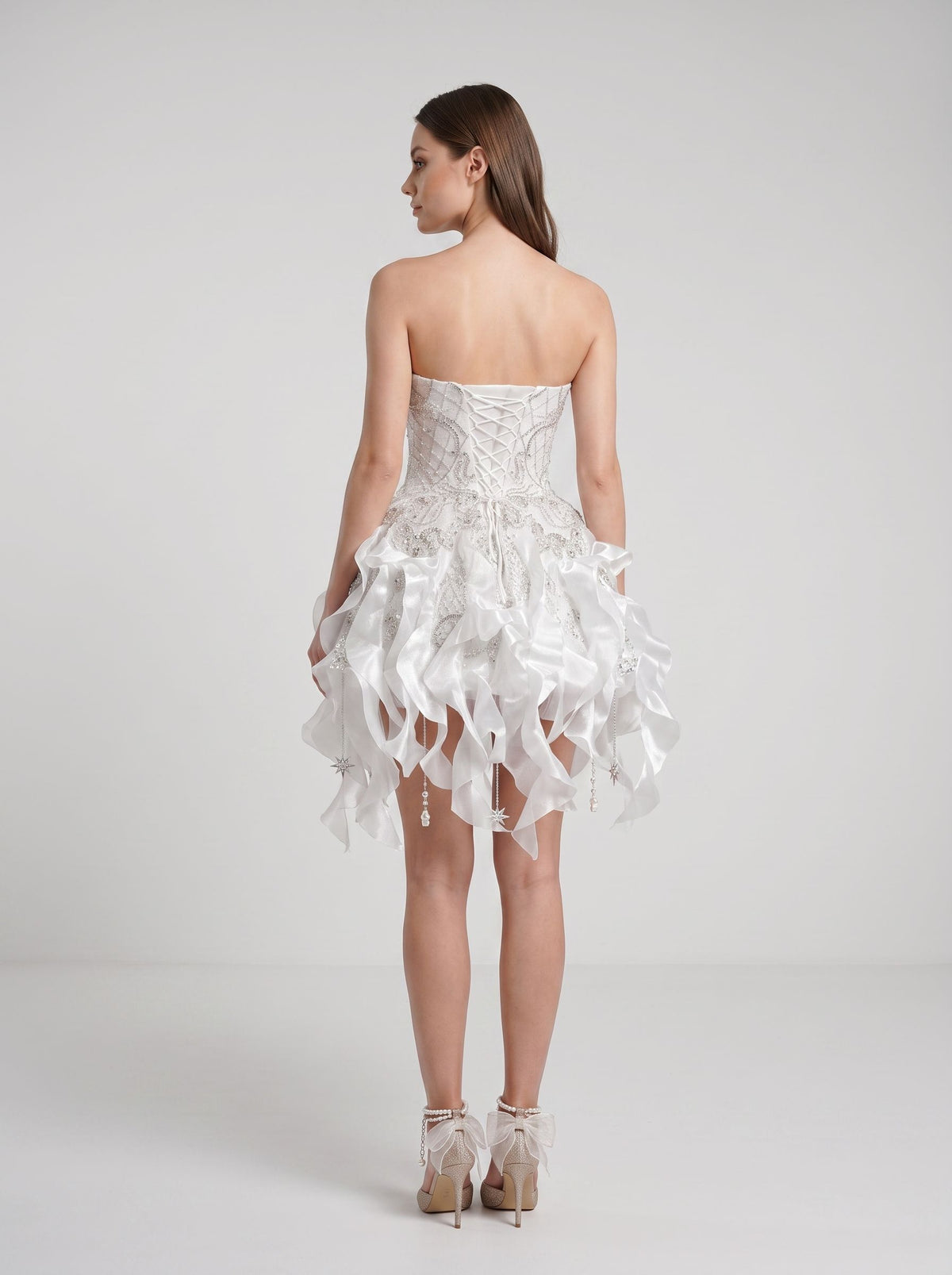 White Satin and Tulle with Heavy Beading A-Line Strapless Short Dress - jimiss