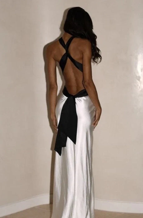White Satin Sheath Column Halter Open Back Floor Length Dress Detail - Jimiss