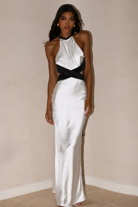 White Satin Sheath Column Halter Open Back Floor Length Dress Front View - Jimiss