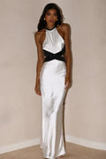 White Satin Sheath Column Halter Open Back Floor Length Dress Front View - Jimiss
