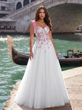 White with Pink Floral Embroidery Tulle A-Line Sweetheart Floor-Length Dress - Jimiss