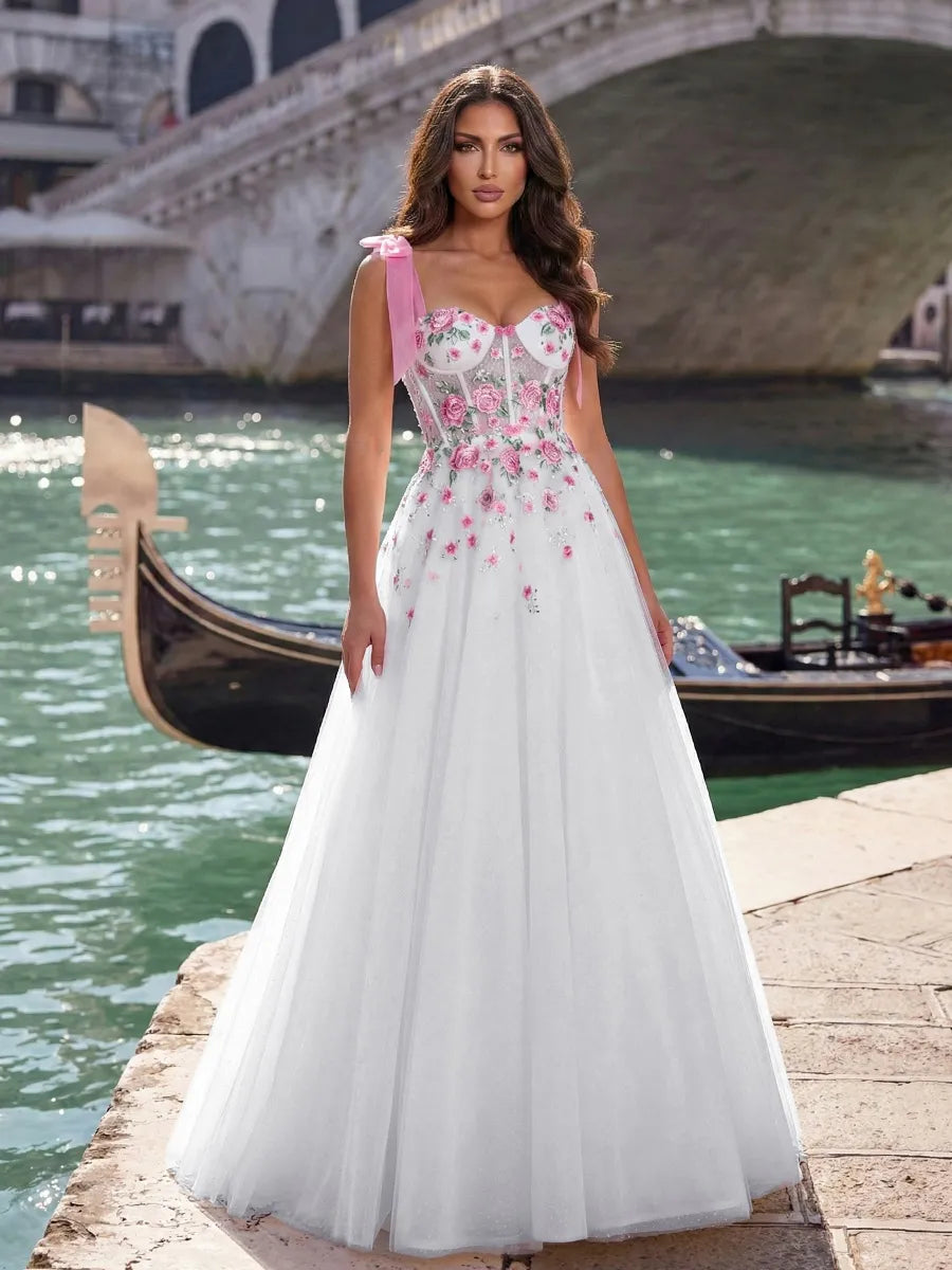 White with Pink Floral Embroidery Tulle A-Line Sweetheart Floor-Length Dress - Jimiss