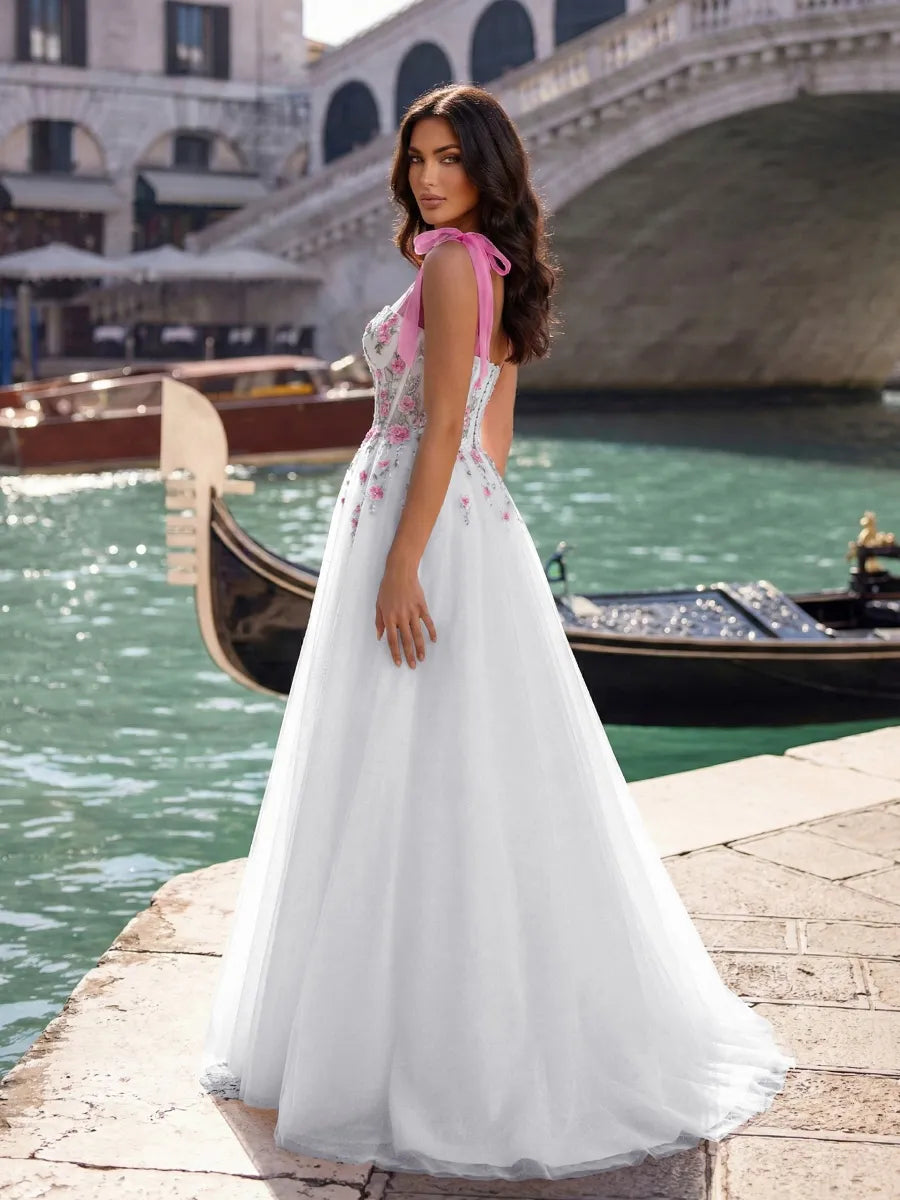 White with Pink Floral Embroidery Tulle A-Line Sweetheart Floor-Length Dress - Jimiss