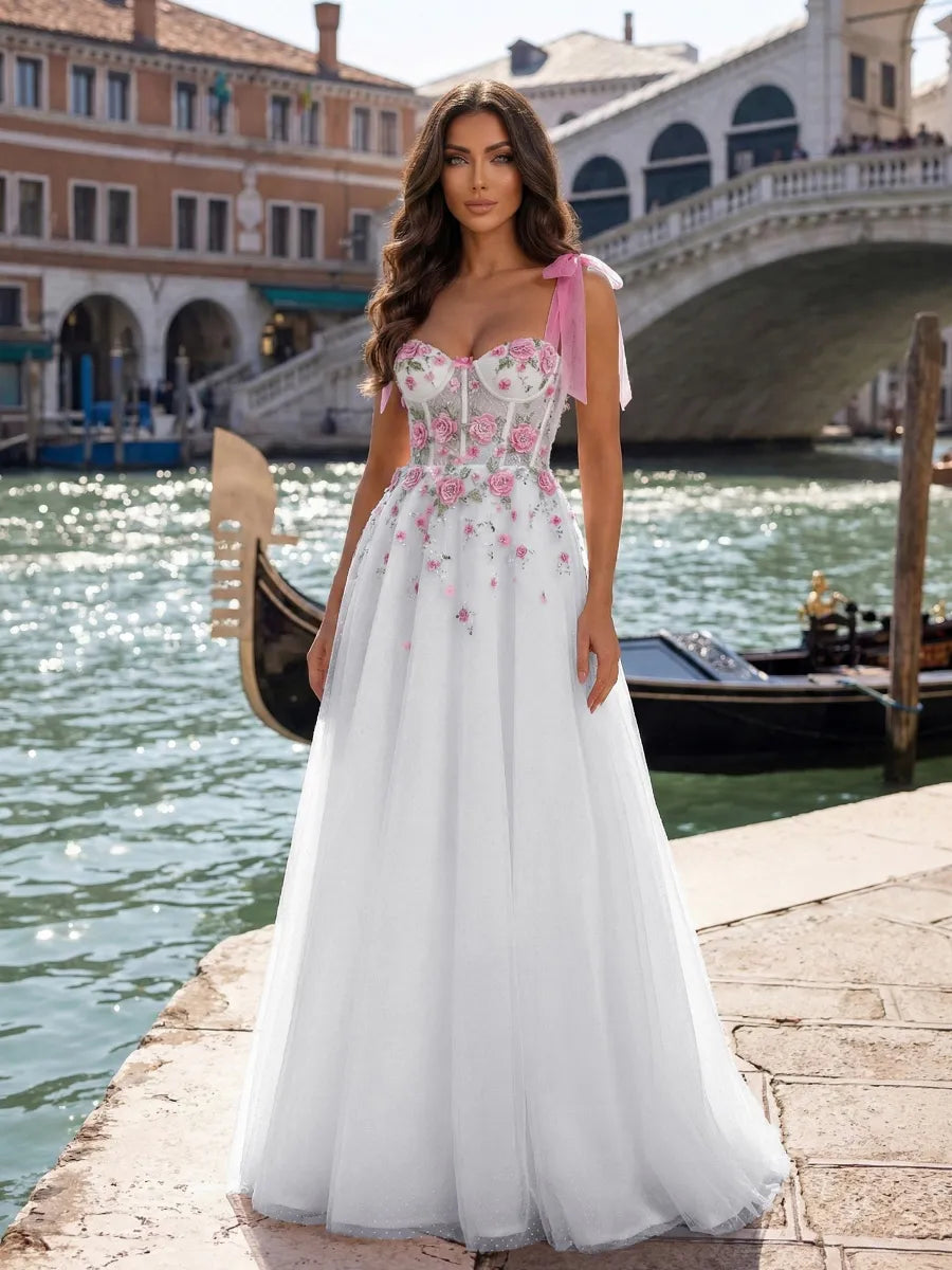 White with Pink Floral Embroidery Tulle A-Line Sweetheart Floor-Length Dress - Jimiss