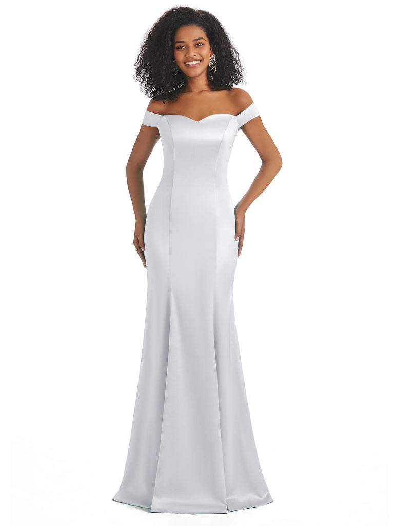 Vestidos de dama de honor largos, sencillos, de satén suave, sin mangas y con hombros descubiertos, de corte sirena