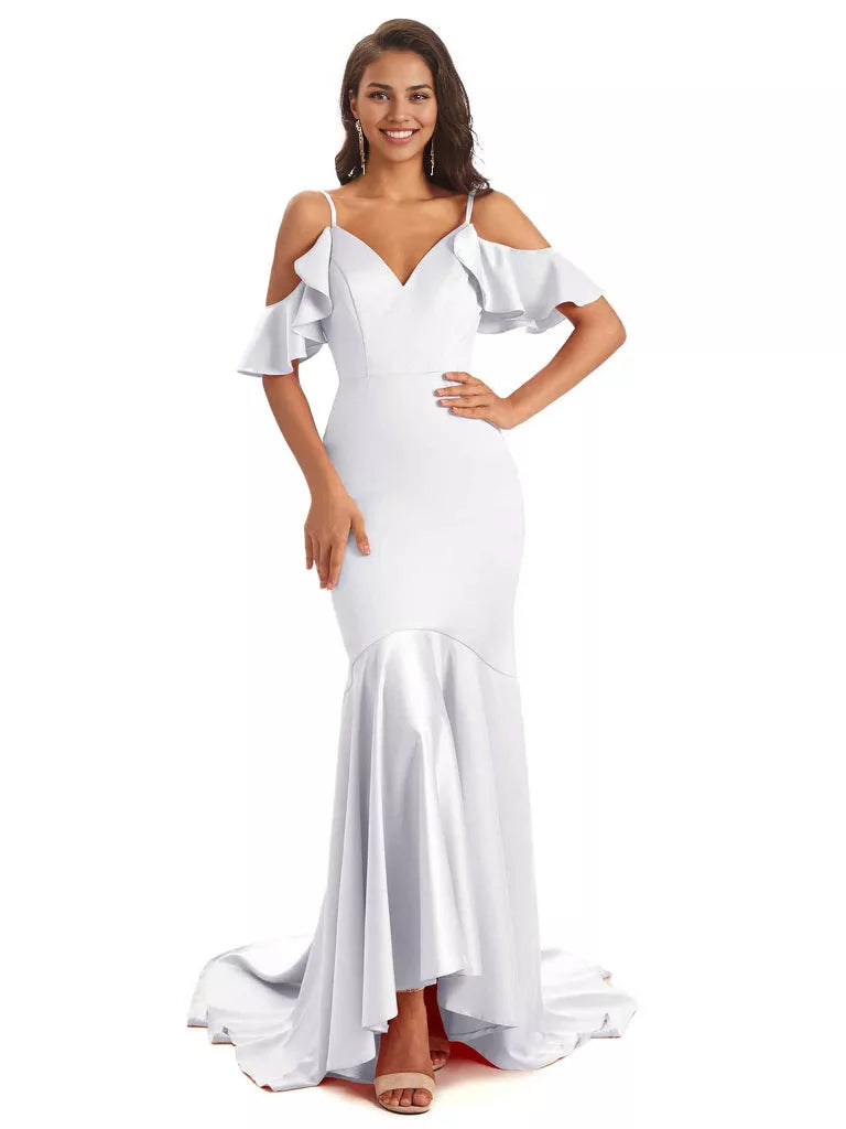 Soft Satin Asymmetric Spaghetti Straps Sleeveless Mermaid Cold Shoulder Bridesmaid Dresses
