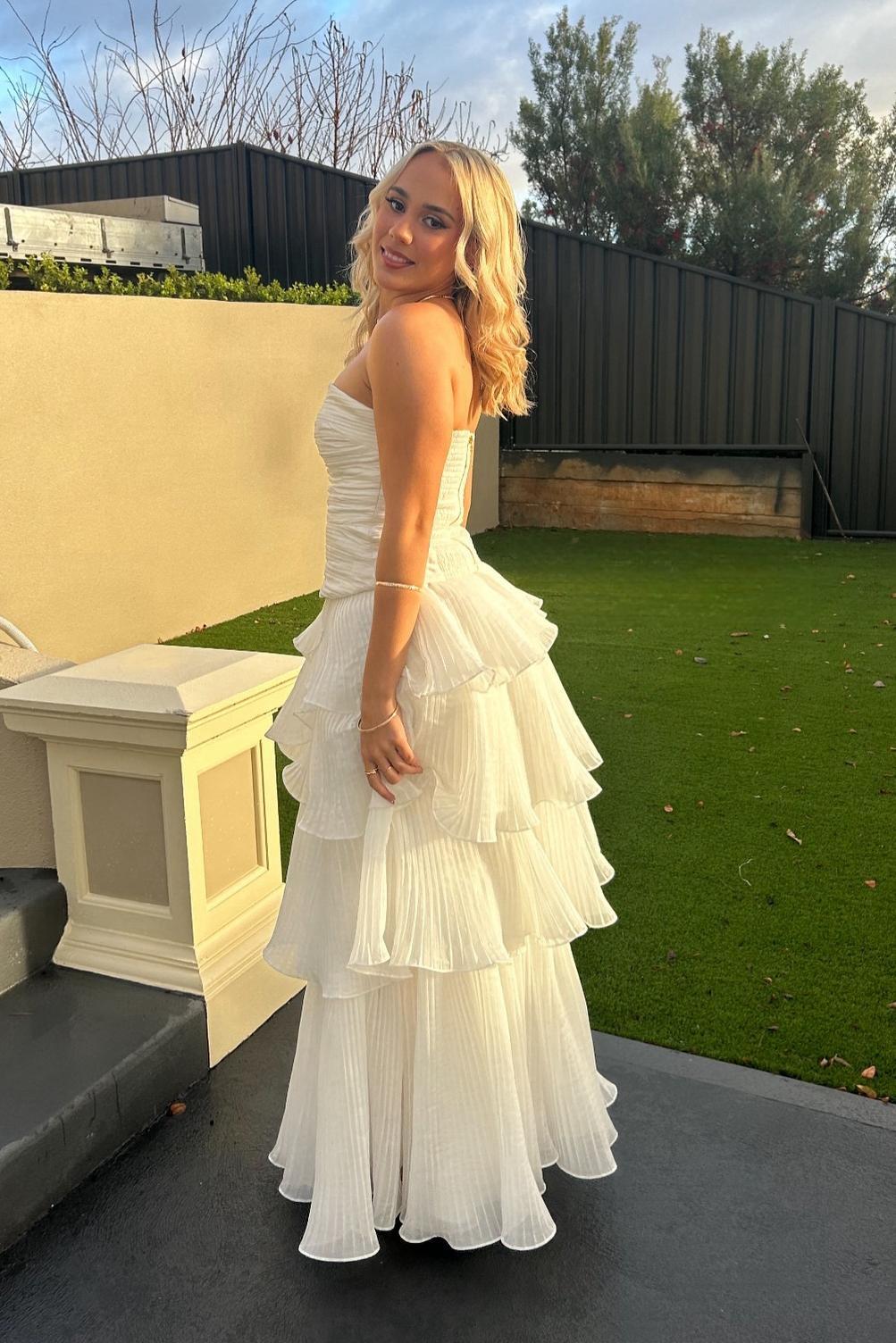 Ruched White Pleated Chiffon A-line Straight Strapless Zipper Back Long Prom Dress