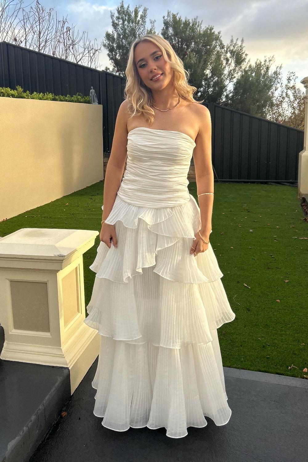Ruched White Pleated Chiffon A-line Straight Strapless Zipper Back Long Prom Dress